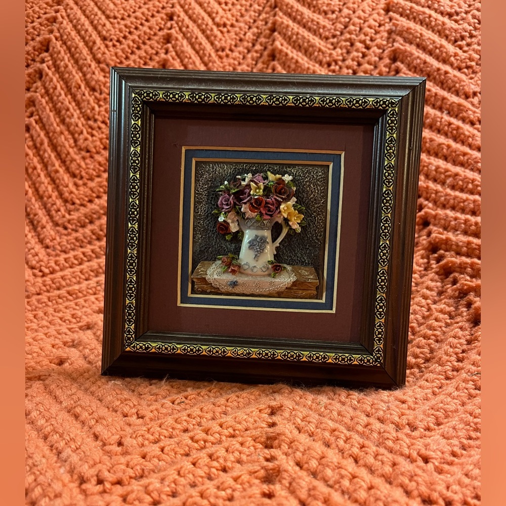 Source unknown on the brand but,I think it’s beautiful, 63/4x63/4,framed w/stand